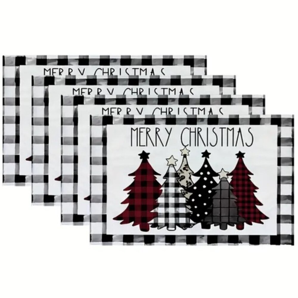 Christmas Placemats Trees Buffalo Plaid Placemats Black White 12 x 18 4 PC Set - Picture 1 of 16